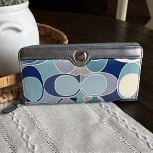 Coach Poppy Blue and Silver C Signature long Zip around Wallet